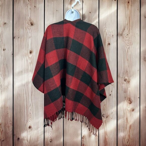 Abercrombie & Fitch Blanket Scarf Poncho Red Black Plaid Flannel One Size - Picture 6 of 7